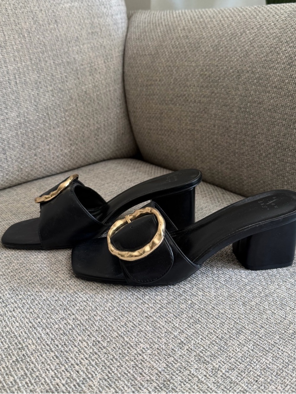 A New Day- Black Slide Heeled Sandals with Gold Buckle - Picture 2 of 8